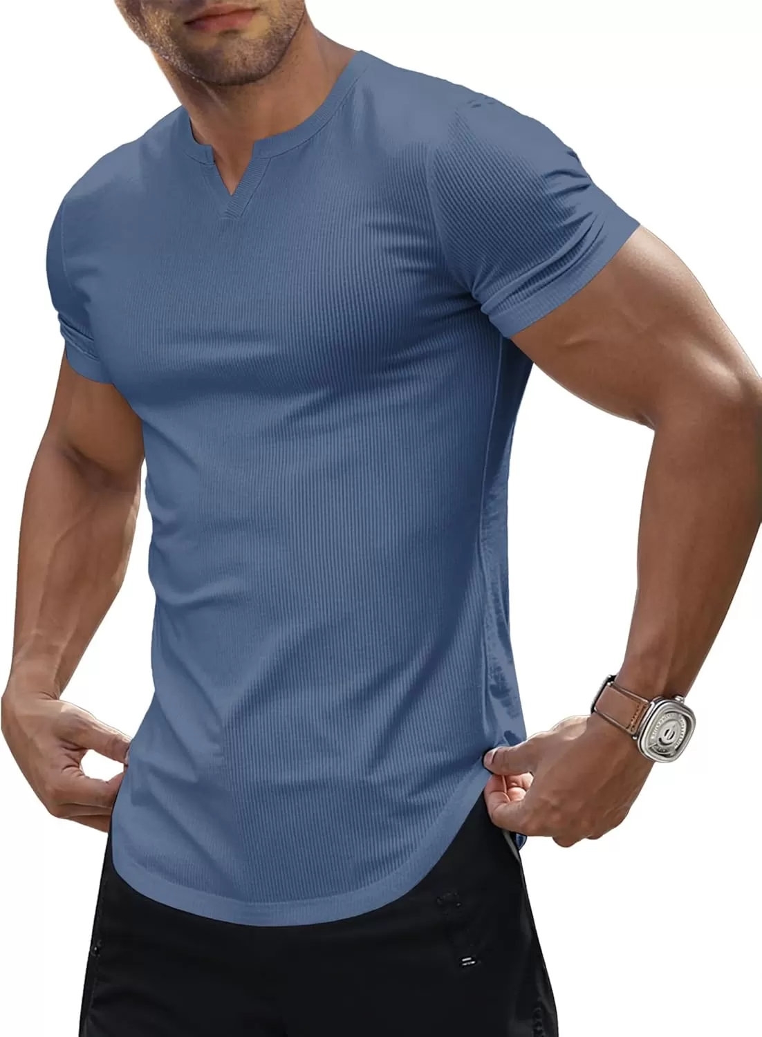 imageJMIERR Mens Muscle VNeck T Shirt Short Sleeve Longline Ribbed Henley Shirt Gym Workout Athletic Tee ShirtsBlue