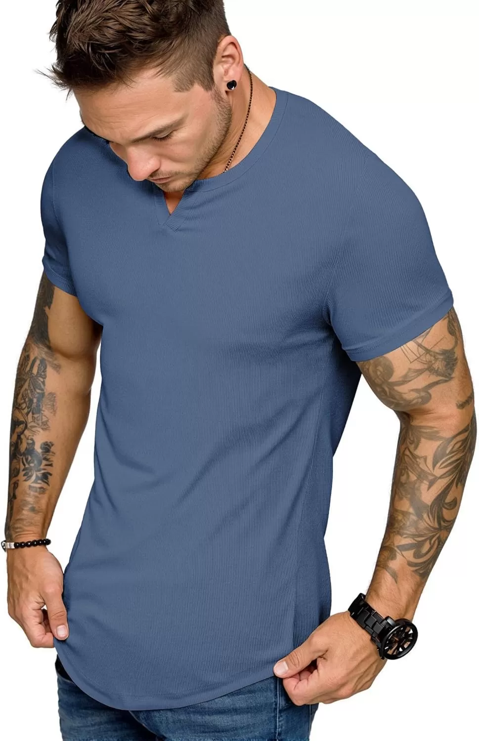 imageJMIERR Mens Muscle VNeck T Shirt Short Sleeve Longline Ribbed Henley Shirt Gym Workout Athletic Tee ShirtsBlue