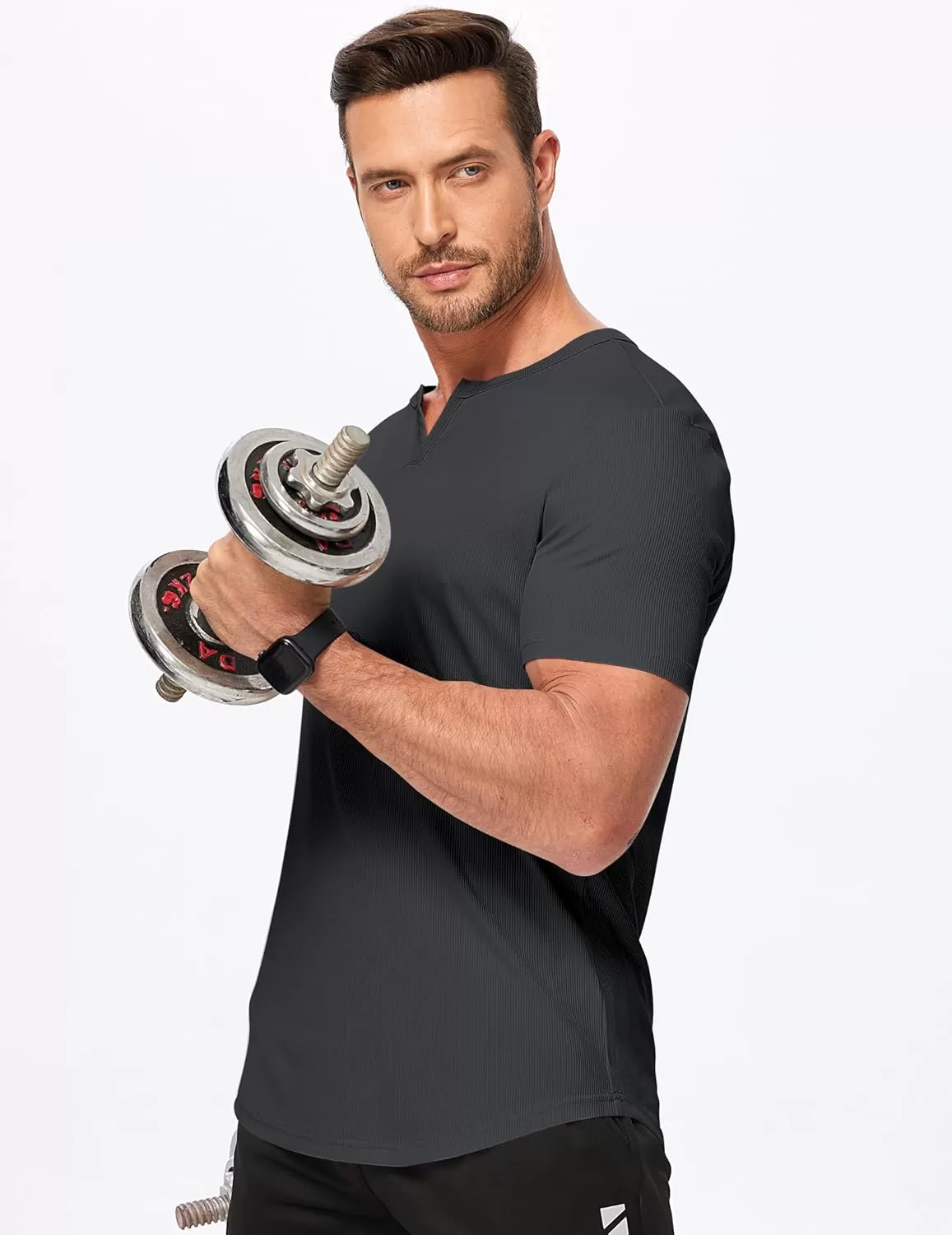 imageJMIERR Mens Muscle VNeck T Shirt Short Sleeve Longline Ribbed Henley Shirt Gym Workout Athletic Tee ShirtsDark Grey
