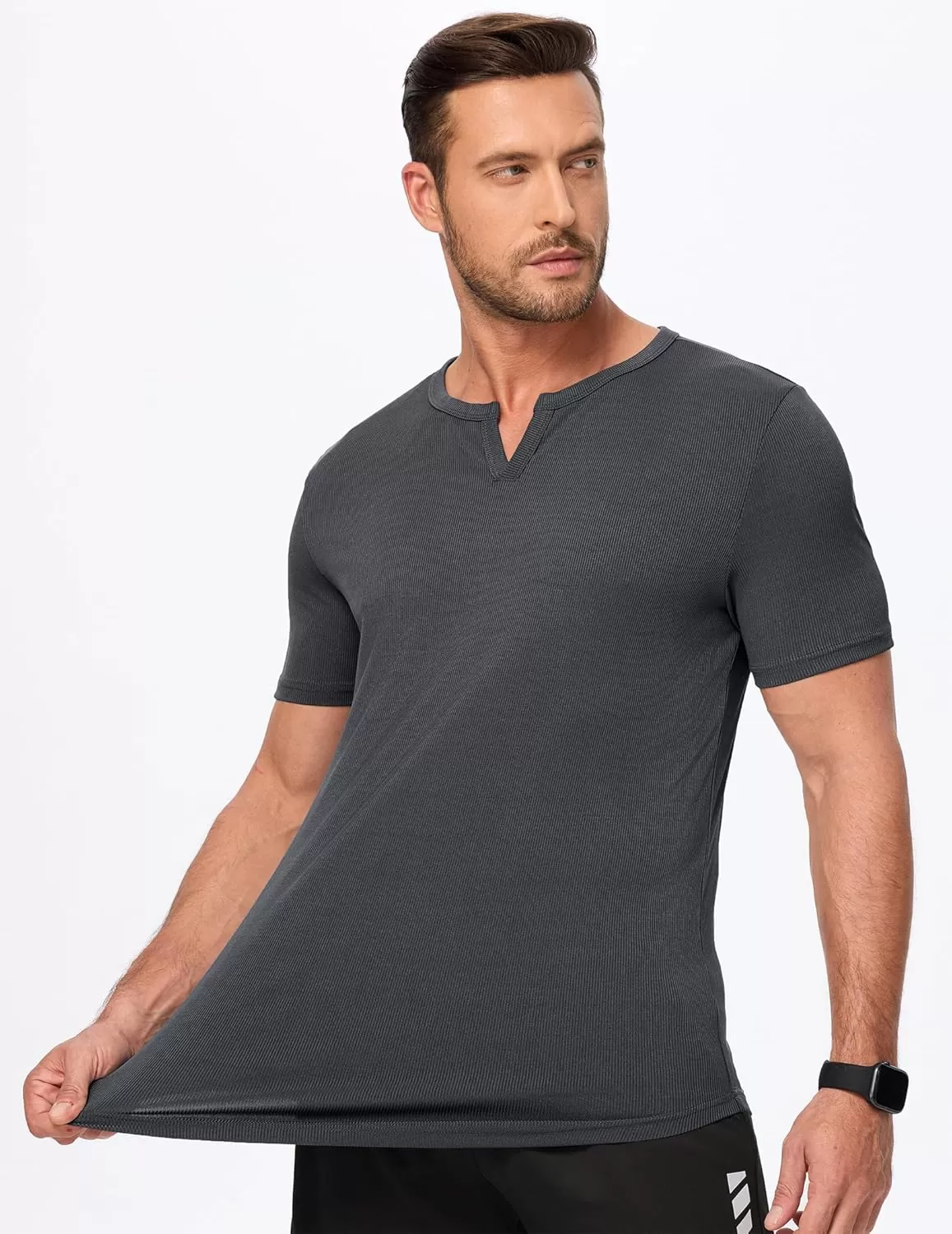 imageJMIERR Mens Muscle VNeck T Shirt Short Sleeve Longline Ribbed Henley Shirt Gym Workout Athletic Tee ShirtsDark Grey
