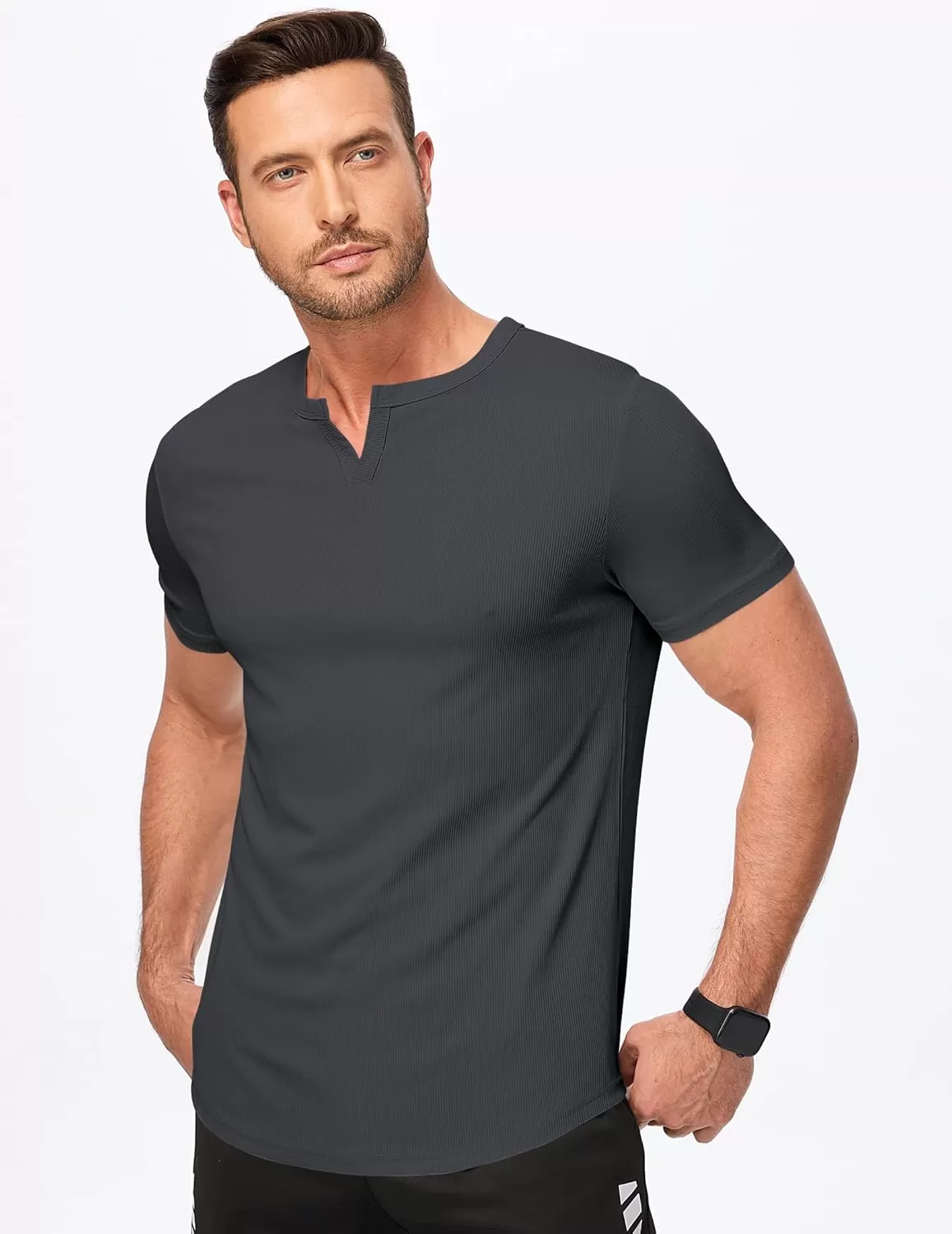 imageJMIERR Mens Muscle VNeck T Shirt Short Sleeve Longline Ribbed Henley Shirt Gym Workout Athletic Tee ShirtsDark Grey