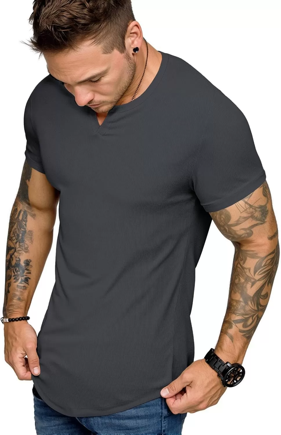 imageJMIERR Mens Muscle VNeck T Shirt Short Sleeve Longline Ribbed Henley Shirt Gym Workout Athletic Tee ShirtsDark Grey