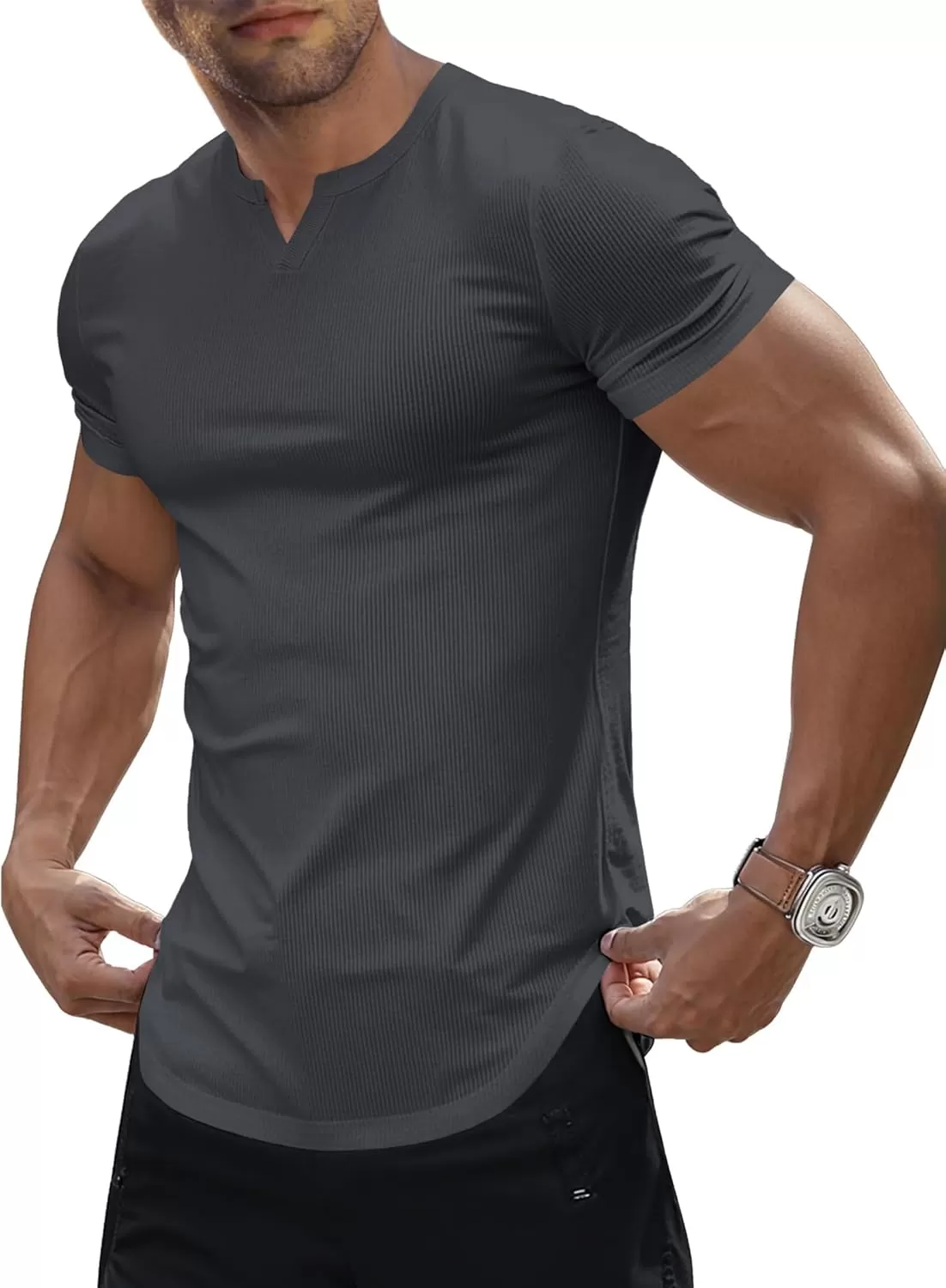 imageJMIERR Mens Muscle VNeck T Shirt Short Sleeve Longline Ribbed Henley Shirt Gym Workout Athletic Tee ShirtsDark Grey