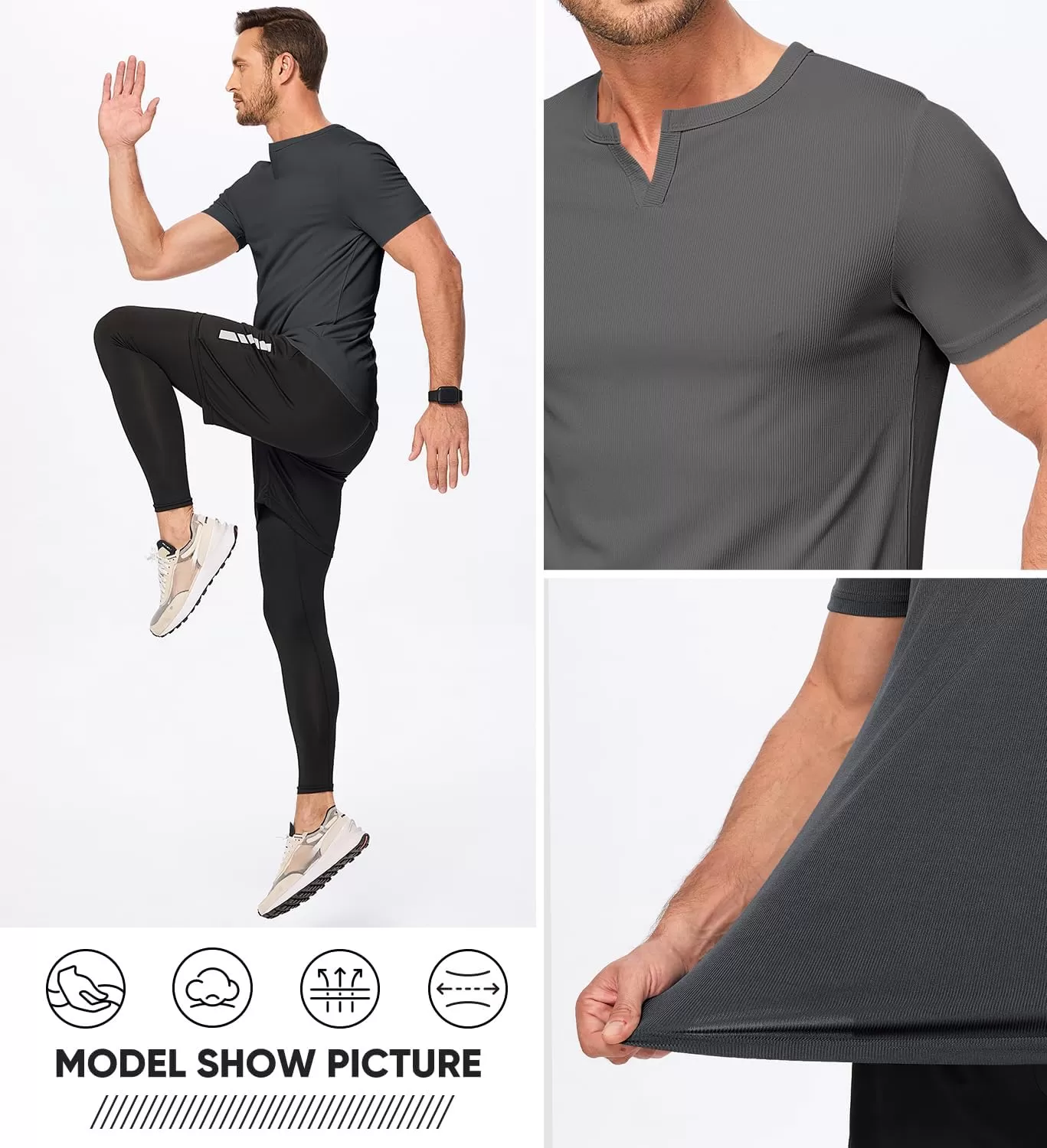 imageJMIERR Mens Muscle VNeck T Shirt Short Sleeve Longline Ribbed Henley Shirt Gym Workout Athletic Tee ShirtsDark Grey