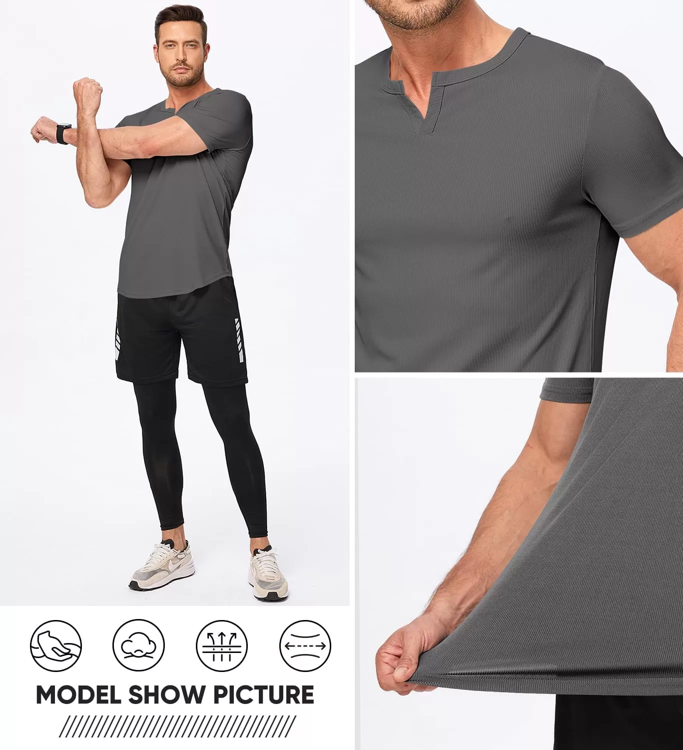 imageJMIERR Mens Muscle VNeck T Shirt Short Sleeve Longline Ribbed Henley Shirt Gym Workout Athletic Tee ShirtsGrey