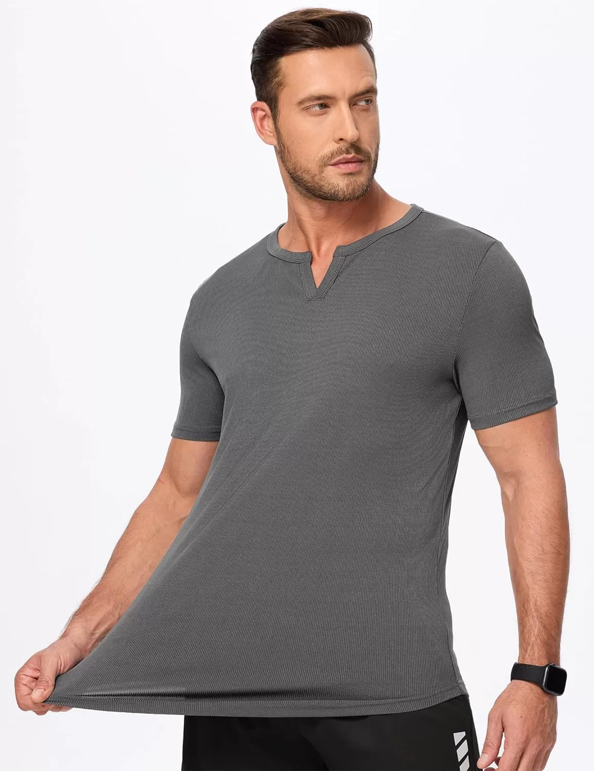 imageJMIERR Mens Muscle VNeck T Shirt Short Sleeve Longline Ribbed Henley Shirt Gym Workout Athletic Tee ShirtsGrey