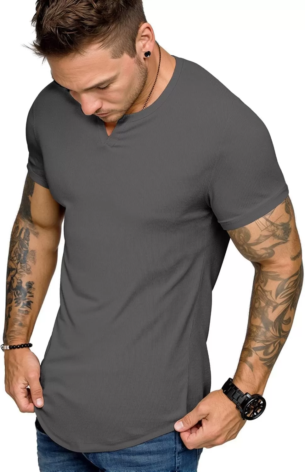 imageJMIERR Mens Muscle VNeck T Shirt Short Sleeve Longline Ribbed Henley Shirt Gym Workout Athletic Tee ShirtsGrey