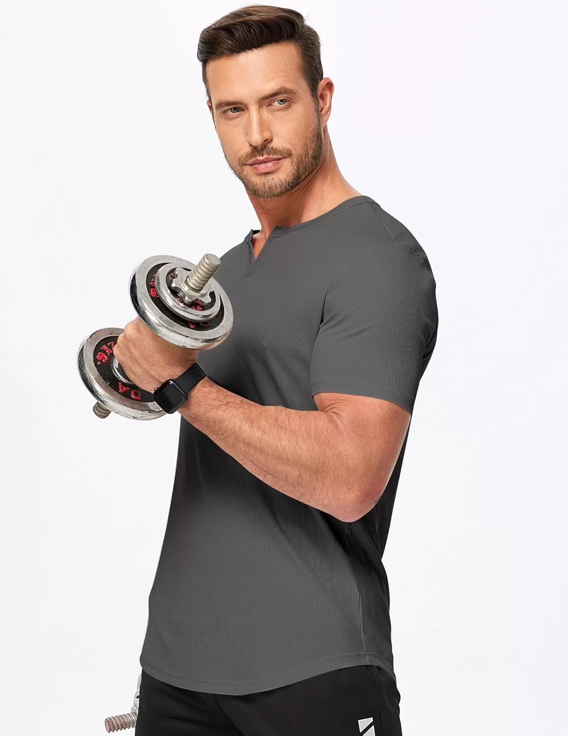 imageJMIERR Mens Muscle VNeck T Shirt Short Sleeve Longline Ribbed Henley Shirt Gym Workout Athletic Tee ShirtsGrey