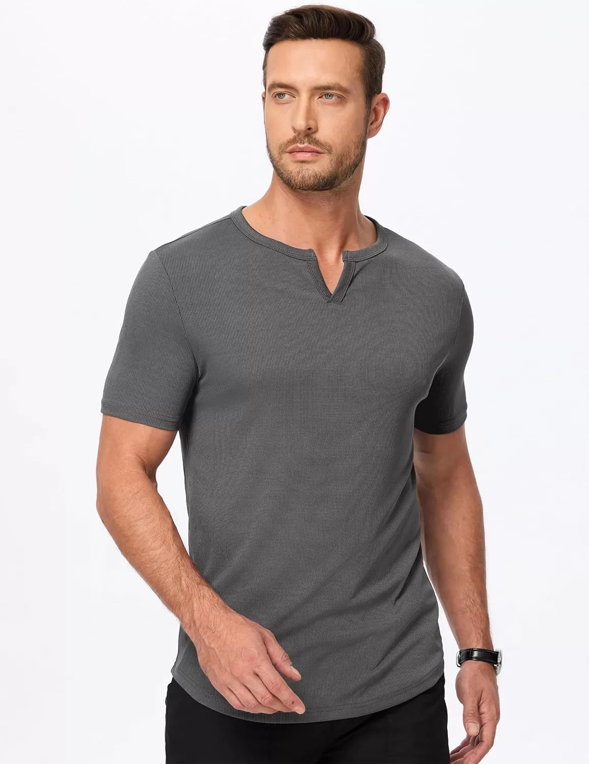 imageJMIERR Mens Muscle VNeck T Shirt Short Sleeve Longline Ribbed Henley Shirt Gym Workout Athletic Tee ShirtsGrey