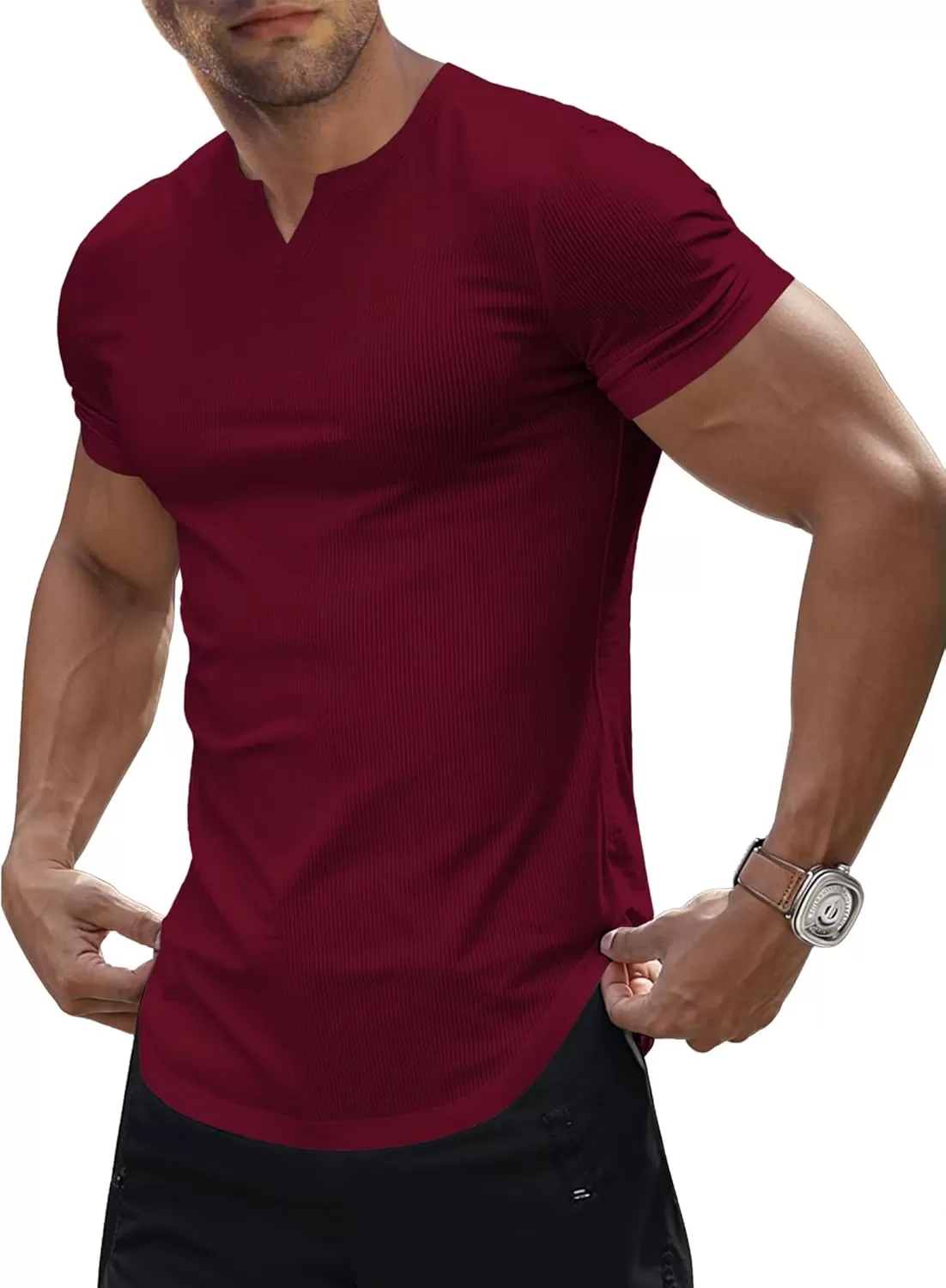 imageJMIERR Mens Muscle VNeck T Shirt Short Sleeve Longline Ribbed Henley Shirt Gym Workout Athletic Tee ShirtsRed