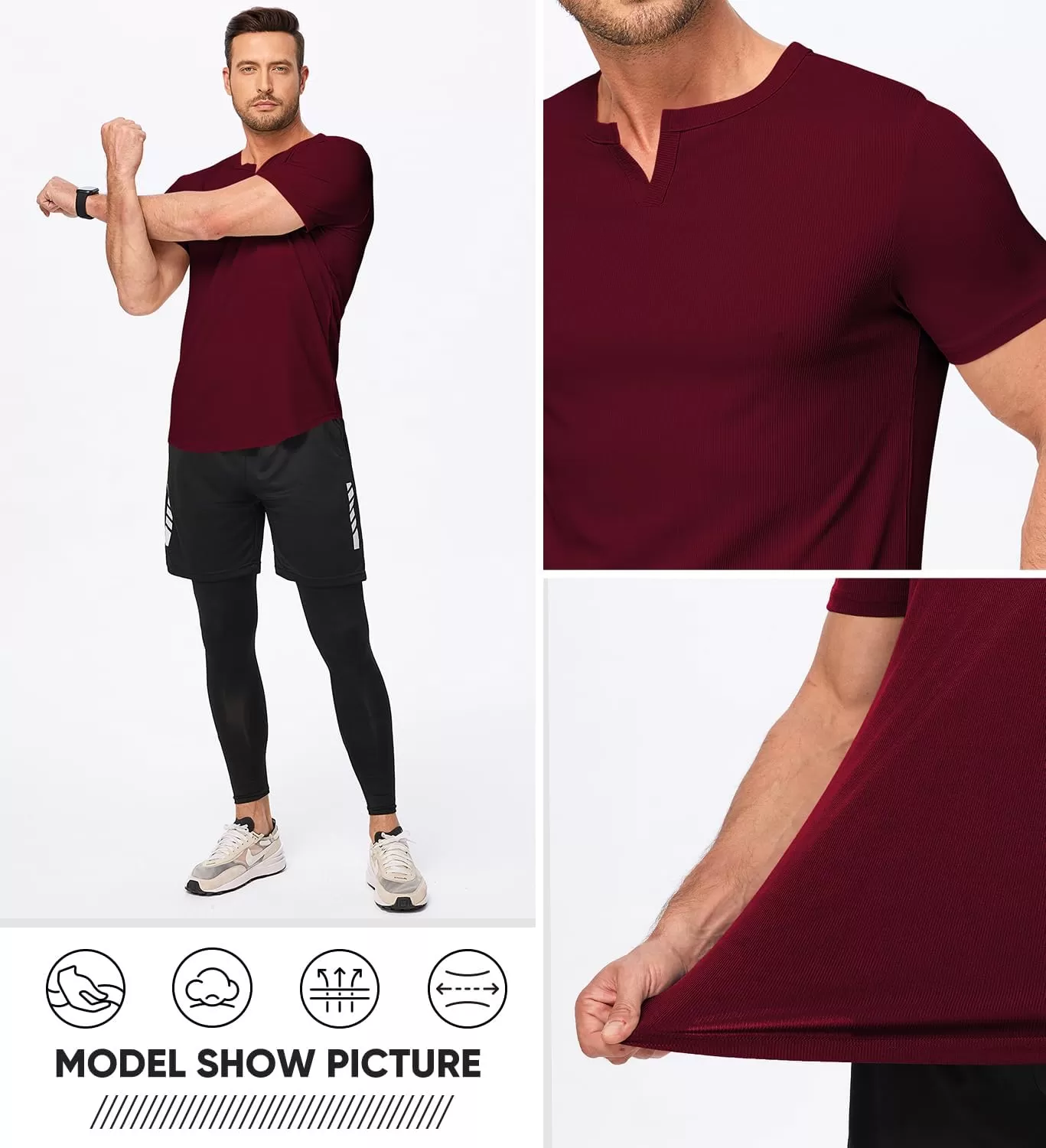 imageJMIERR Mens Muscle VNeck T Shirt Short Sleeve Longline Ribbed Henley Shirt Gym Workout Athletic Tee ShirtsRed
