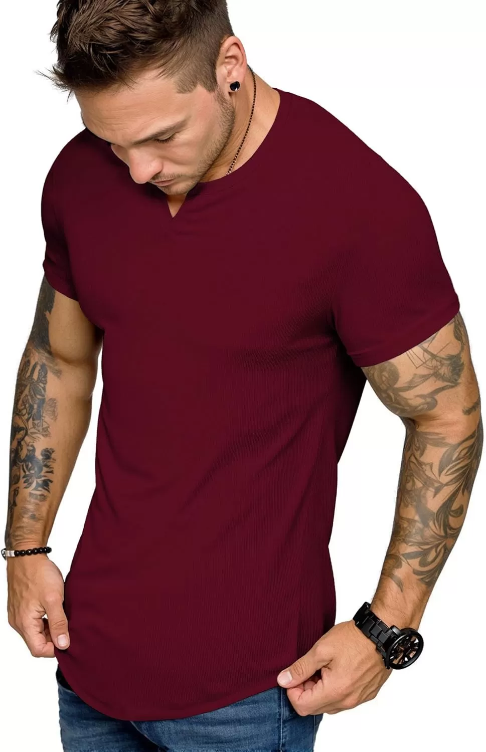 imageJMIERR Mens Muscle VNeck T Shirt Short Sleeve Longline Ribbed Henley Shirt Gym Workout Athletic Tee ShirtsRed