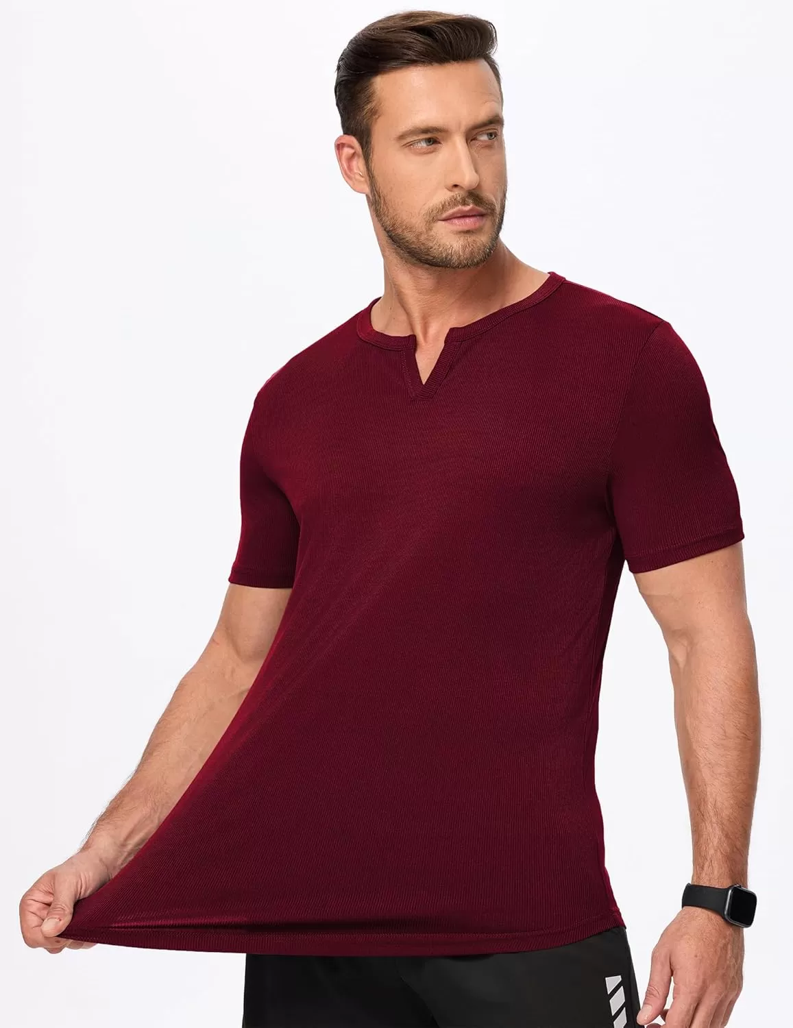 imageJMIERR Mens Muscle VNeck T Shirt Short Sleeve Longline Ribbed Henley Shirt Gym Workout Athletic Tee ShirtsRed