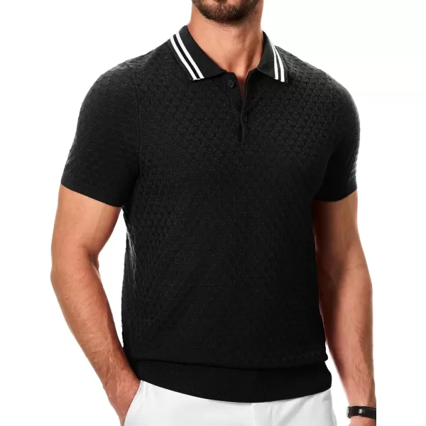 imageJMIERR Mens Knit Polo Shirts Casual Short Sleeve Button Lightweight ShirtBlack
