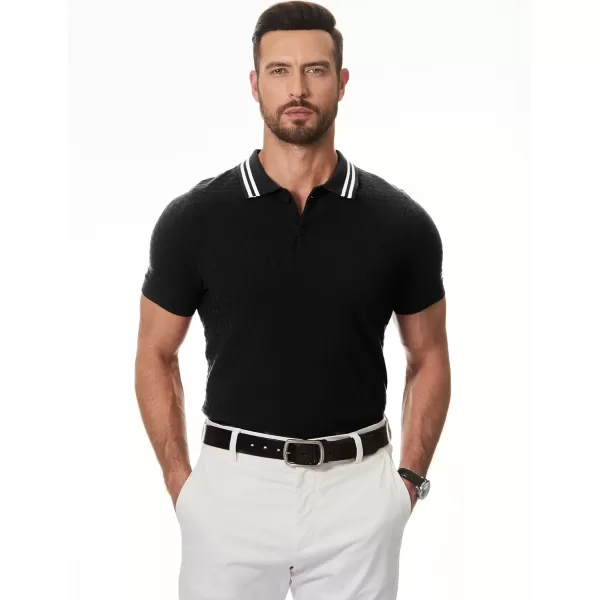 imageJMIERR Mens Knit Polo Shirts Casual Short Sleeve Button Lightweight ShirtBlack