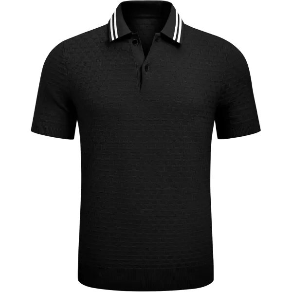 imageJMIERR Mens Knit Polo Shirts Casual Short Sleeve Button Lightweight ShirtBlack