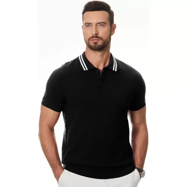 imageJMIERR Mens Knit Polo Shirts Casual Short Sleeve Button Lightweight ShirtBlack