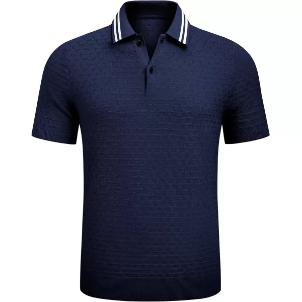 imageJMIERR Mens Knit Polo Shirts Casual Short Sleeve Button Lightweight ShirtNavy Blue