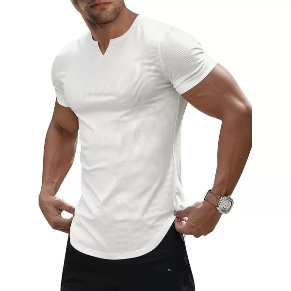 imageJMIERR Mens Muscle VNeck T Shirt Short Sleeve Longline Ribbed Henley Shirt Gym Workout Athletic Tee Shirts0 White