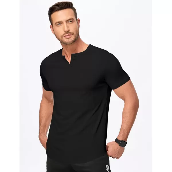 imageJMIERR Mens Muscle VNeck T Shirt Short Sleeve Longline Ribbed Henley Shirt Gym Workout Athletic Tee Shirts01 Black