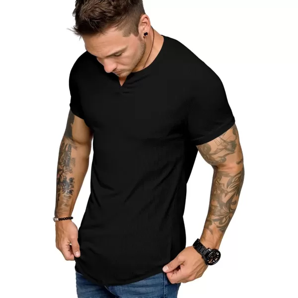 imageJMIERR Mens Muscle VNeck T Shirt Short Sleeve Longline Ribbed Henley Shirt Gym Workout Athletic Tee Shirts01 Black