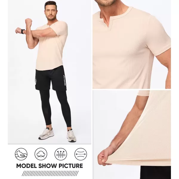 imageJMIERR Mens Muscle VNeck T Shirt Short Sleeve Longline Ribbed Henley Shirt Gym Workout Athletic Tee ShirtsApricot