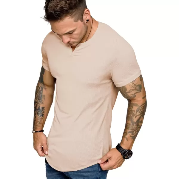 imageJMIERR Mens Muscle VNeck T Shirt Short Sleeve Longline Ribbed Henley Shirt Gym Workout Athletic Tee ShirtsApricot