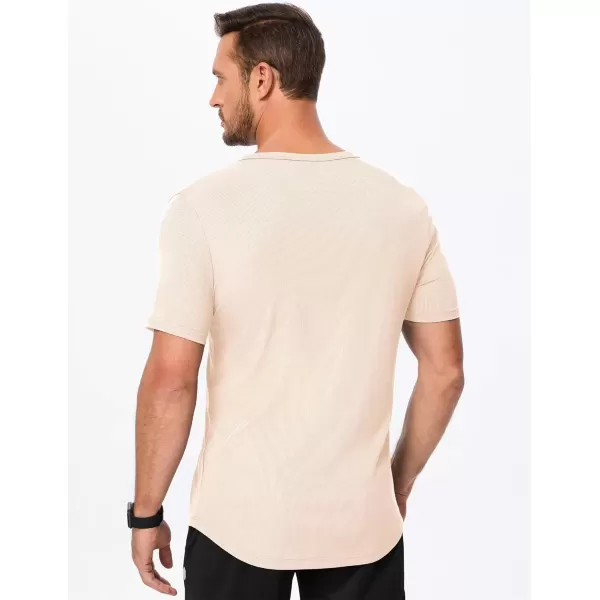 imageJMIERR Mens Muscle VNeck T Shirt Short Sleeve Longline Ribbed Henley Shirt Gym Workout Athletic Tee ShirtsApricot