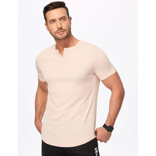 imageJMIERR Mens Muscle VNeck T Shirt Short Sleeve Longline Ribbed Henley Shirt Gym Workout Athletic Tee ShirtsApricot