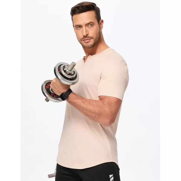 imageJMIERR Mens Muscle VNeck T Shirt Short Sleeve Longline Ribbed Henley Shirt Gym Workout Athletic Tee ShirtsApricot