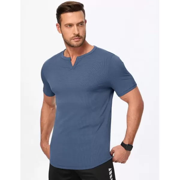 imageJMIERR Mens Muscle VNeck T Shirt Short Sleeve Longline Ribbed Henley Shirt Gym Workout Athletic Tee ShirtsBlue