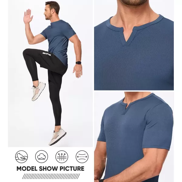 imageJMIERR Mens Muscle VNeck T Shirt Short Sleeve Longline Ribbed Henley Shirt Gym Workout Athletic Tee ShirtsBlue