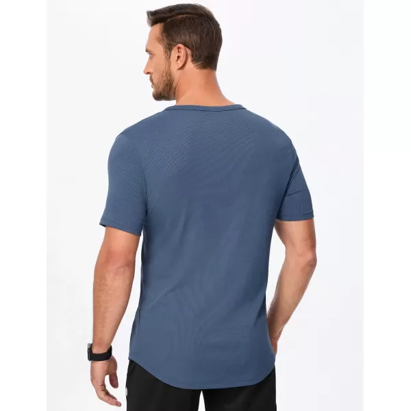 imageJMIERR Mens Muscle VNeck T Shirt Short Sleeve Longline Ribbed Henley Shirt Gym Workout Athletic Tee ShirtsBlue