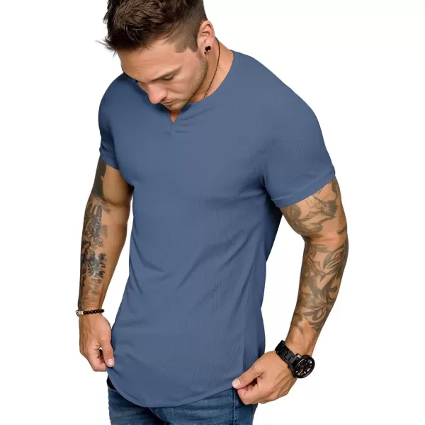 imageJMIERR Mens Muscle VNeck T Shirt Short Sleeve Longline Ribbed Henley Shirt Gym Workout Athletic Tee ShirtsBlue