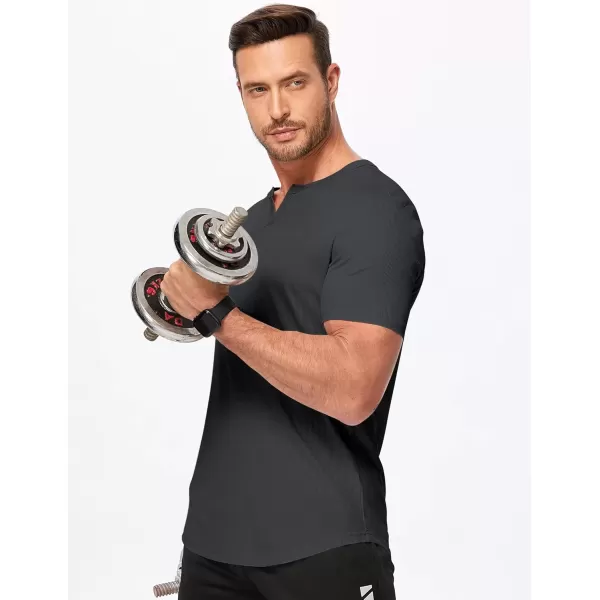 imageJMIERR Mens Muscle VNeck T Shirt Short Sleeve Longline Ribbed Henley Shirt Gym Workout Athletic Tee ShirtsDark Grey