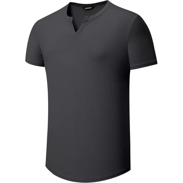 imageJMIERR Mens Muscle VNeck T Shirt Short Sleeve Longline Ribbed Henley Shirt Gym Workout Athletic Tee ShirtsDark Grey