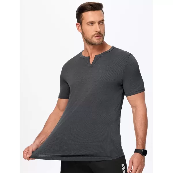 imageJMIERR Mens Muscle VNeck T Shirt Short Sleeve Longline Ribbed Henley Shirt Gym Workout Athletic Tee ShirtsDark Grey