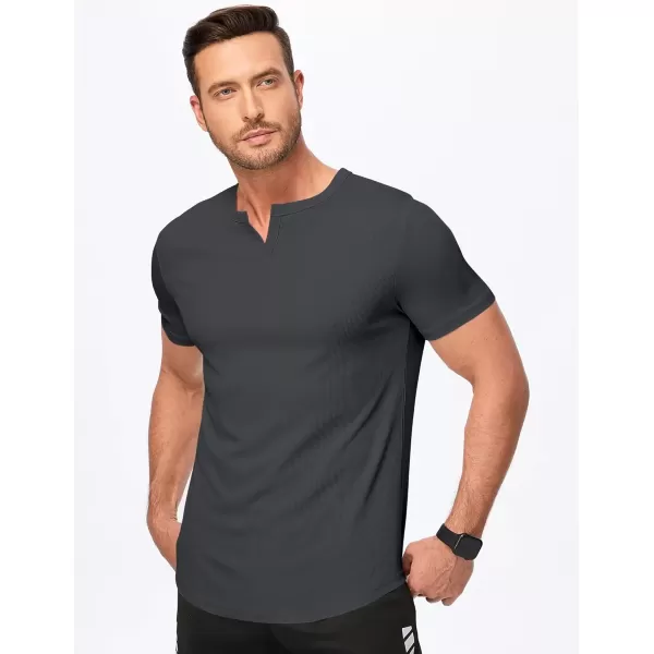 imageJMIERR Mens Muscle VNeck T Shirt Short Sleeve Longline Ribbed Henley Shirt Gym Workout Athletic Tee ShirtsDark Grey