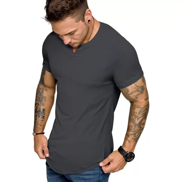 imageJMIERR Mens Muscle VNeck T Shirt Short Sleeve Longline Ribbed Henley Shirt Gym Workout Athletic Tee ShirtsDark Grey