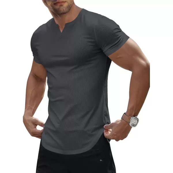 imageJMIERR Mens Muscle VNeck T Shirt Short Sleeve Longline Ribbed Henley Shirt Gym Workout Athletic Tee ShirtsDark Grey