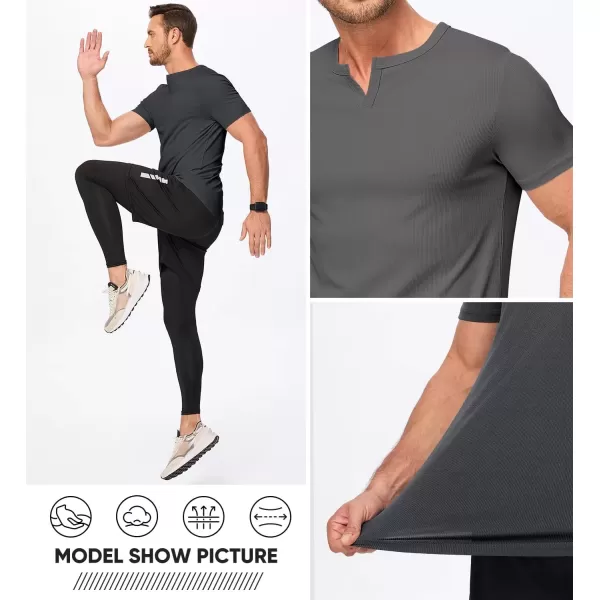 imageJMIERR Mens Muscle VNeck T Shirt Short Sleeve Longline Ribbed Henley Shirt Gym Workout Athletic Tee ShirtsDark Grey