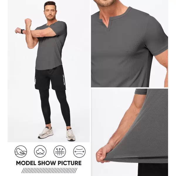 imageJMIERR Mens Muscle VNeck T Shirt Short Sleeve Longline Ribbed Henley Shirt Gym Workout Athletic Tee ShirtsGrey