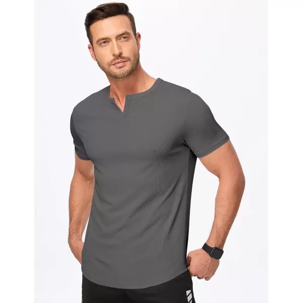 imageJMIERR Mens Muscle VNeck T Shirt Short Sleeve Longline Ribbed Henley Shirt Gym Workout Athletic Tee ShirtsGrey