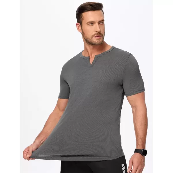 imageJMIERR Mens Muscle VNeck T Shirt Short Sleeve Longline Ribbed Henley Shirt Gym Workout Athletic Tee ShirtsGrey