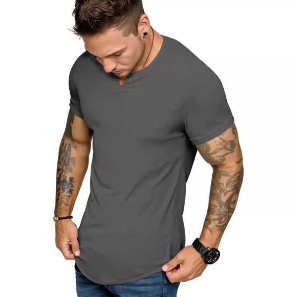 imageJMIERR Mens Muscle VNeck T Shirt Short Sleeve Longline Ribbed Henley Shirt Gym Workout Athletic Tee ShirtsGrey