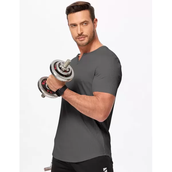 imageJMIERR Mens Muscle VNeck T Shirt Short Sleeve Longline Ribbed Henley Shirt Gym Workout Athletic Tee ShirtsGrey