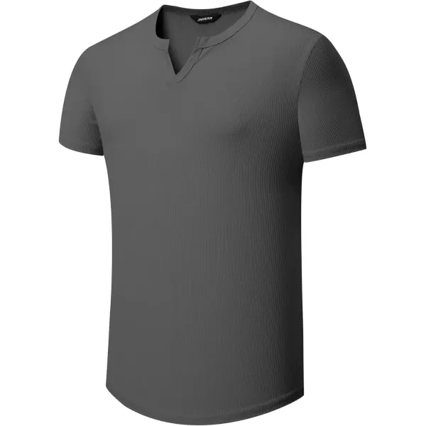 imageJMIERR Mens Muscle VNeck T Shirt Short Sleeve Longline Ribbed Henley Shirt Gym Workout Athletic Tee ShirtsGrey