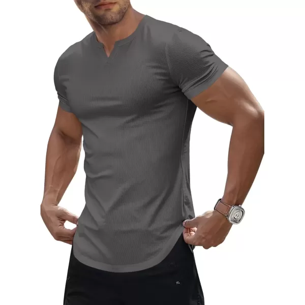 imageJMIERR Mens Muscle VNeck T Shirt Short Sleeve Longline Ribbed Henley Shirt Gym Workout Athletic Tee ShirtsGrey