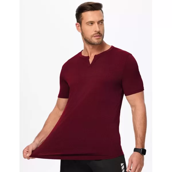 imageJMIERR Mens Muscle VNeck T Shirt Short Sleeve Longline Ribbed Henley Shirt Gym Workout Athletic Tee ShirtsRed
