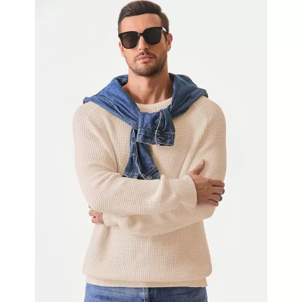imageJMIERR Mens Crewneck Pullover Sweater Waffle Textured Knitted Sweaters Casual Loose Fit Sweaters with Ribbing EdgeApricot